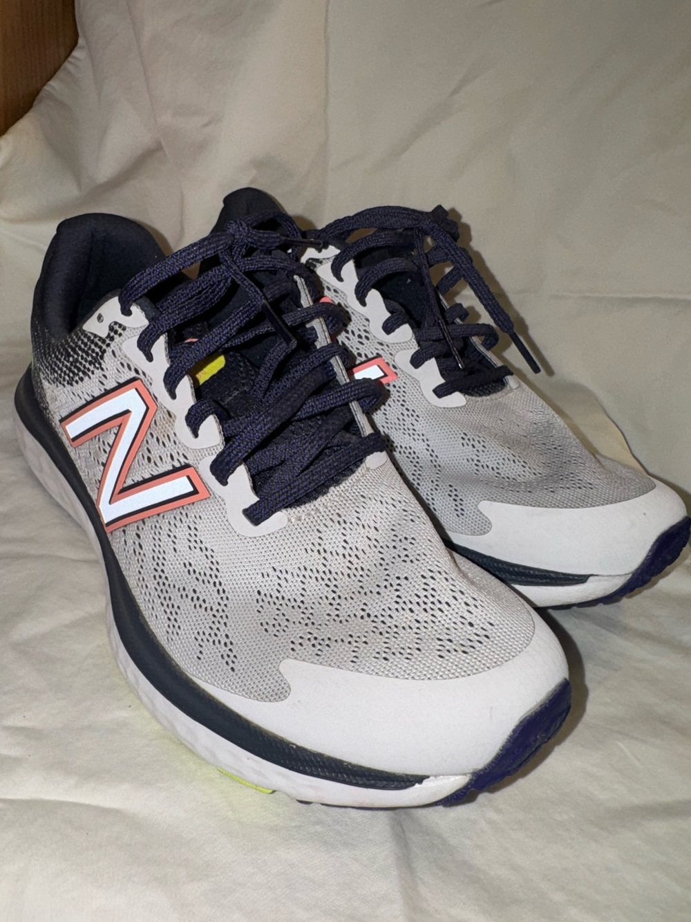 New Balance Gray Athletic Shoes with Navy and Coral Accents